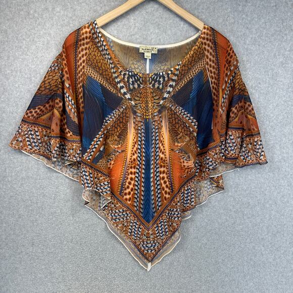 One World Top Womens Size M Multi Printed Polyester Sheer Poncho Pointed Hem - Picture 1 of 6